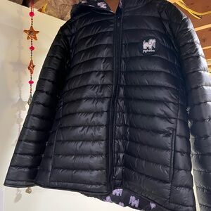 Womans Black Packable Puffer Jacket with Purple Dog Lining